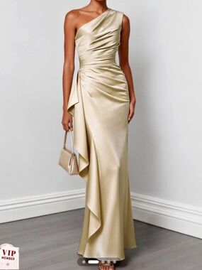 Champagne Ruffled Ruched Satin One Shoulder Sleeveless Sheath Floor-length Gown